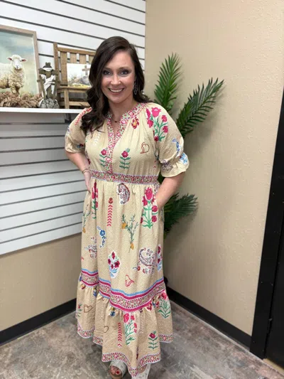 Umgee Floral Collage Midi Dress In Taupe In Neutral