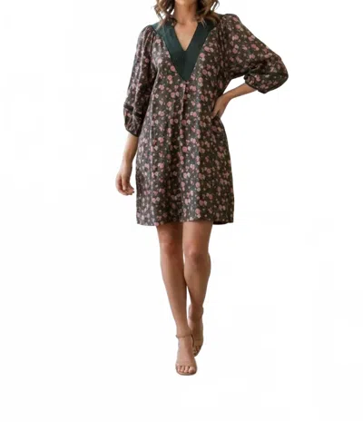 Umgee Floral Corduroy Contrast Stitch Mini Dress In Olive In Multi