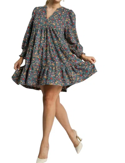 Umgee Floral Corduroy Dress In Dusty Blue In Multi