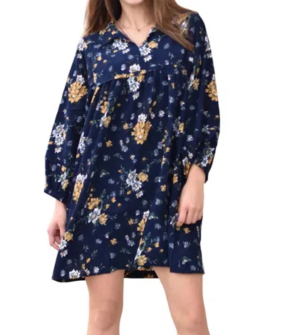 Umgee Floral Corduroy Dress In Navy In Blue