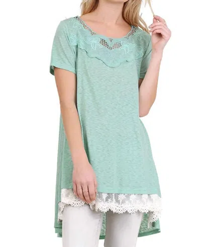 Umgee Floral Crochet Lace Trim Tunic In Sage In Green