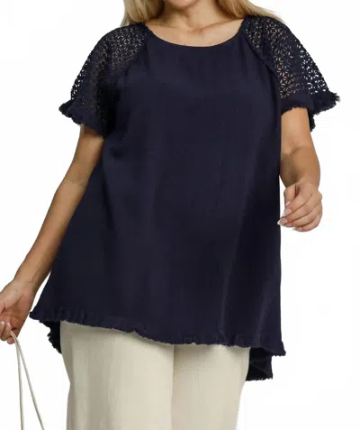 Umgee Floral Crochet Short Sleeve Round Neck Top In Navy Blue