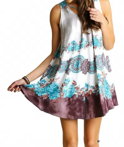 Umgee Floral Crossed Neck Sleeveless Dress In Mocha & Sky In Brown