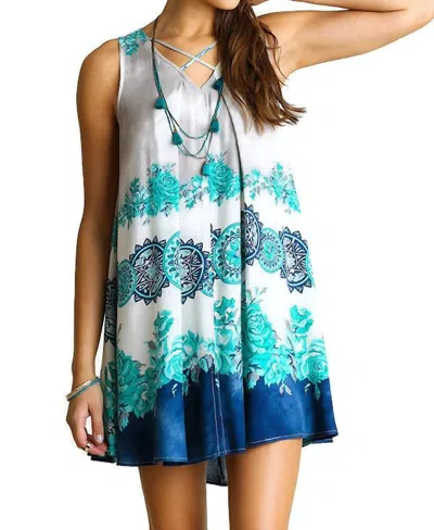 Umgee Floral Crossed Neck Sleeveless Dress In Teal & Navy In Green
