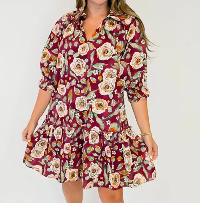Umgee Floral Drop Waist Shirt Dress In Burgundy In Red