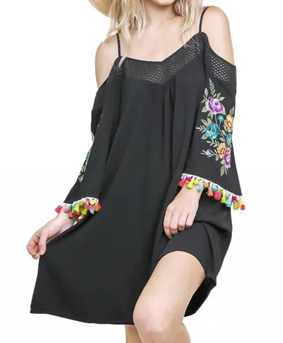 Umgee Floral Embroided Pom And Tassel Mini Dress In Black