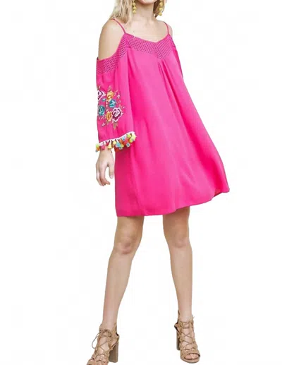 Umgee Floral Embroided Pom And Tassel Mini Dress In Pink In Multi