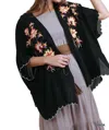 Umgee Floral Embroided Scallop Hem Kimono In Black In Black