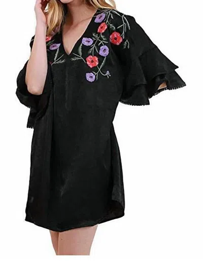 Umgee Floral Embroidered & Layered Sleeve Dress In Black