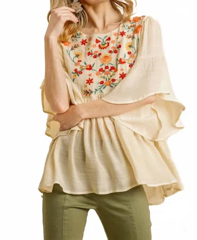 Umgee Floral Embroidered Babydoll Top In Natural In Multi