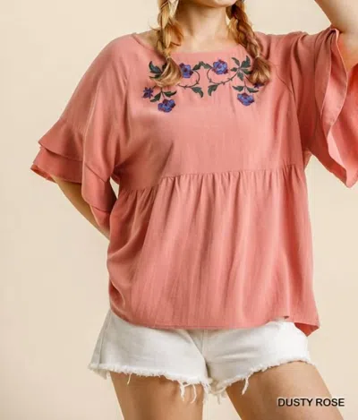 Umgee Floral Embroidered Babydoll Top In Rose In Multi