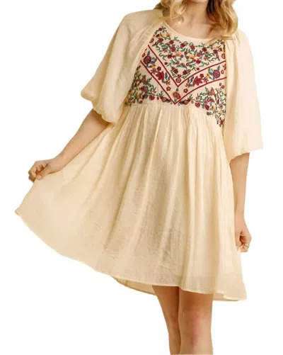 Umgee Floral Embroidered Balloon Sleeve Dress In Natural