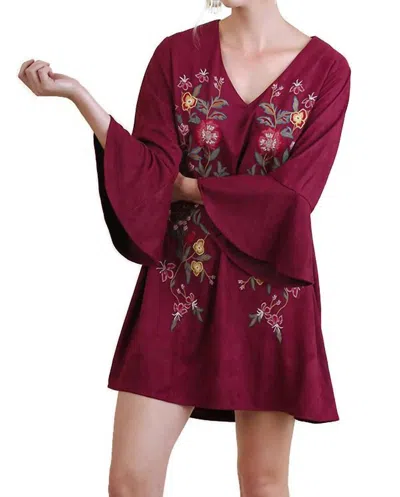 Umgee Floral Embroidered Bell Sleeve Dress In Wine In Multi