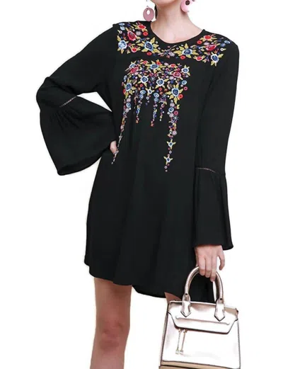 Umgee Floral Embroidered Bell Sleeve Mini Dress In Black
