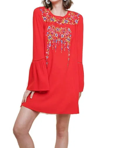 Umgee Floral Embroidered Bell Sleeve Mini Dress In Chili In Red