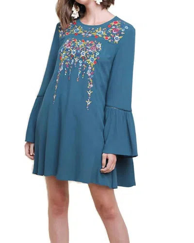 Umgee Floral Embroidered Bell Sleeve Mini Dress In Teal In Blue