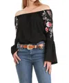 Umgee Floral Embroidered Bell Sleeve Top In Black In Black