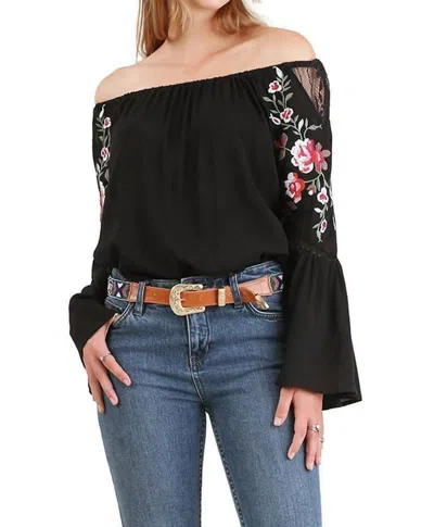 Umgee Floral Embroidered Bell Sleeve Top In Black