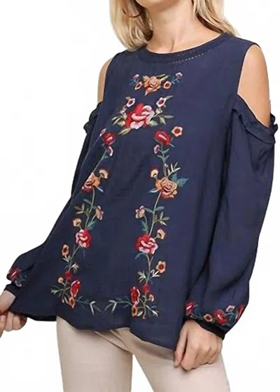 Umgee Floral Embroidered Crochet Trim Top In Navy In Blue