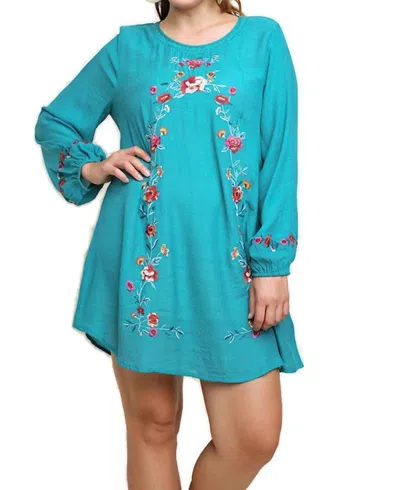 Umgee Floral Embroidered Dress In Emerald In Blue