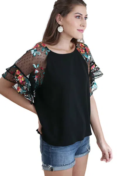 Umgee Floral Embroidered Layered And Ruffled Sleeve Top In Black In Multi