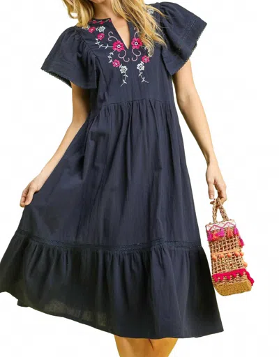 Umgee Floral Embroidered Midi Dress In Navy In Multi