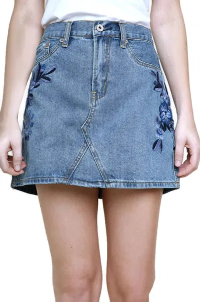 Umgee Floral Embroidered Mini Skirt In Light Denim In Blue