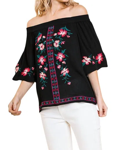 Umgee Floral Embroidered Off The Shoulder Top In Black