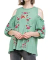Umgee Floral Embroidered Peasant Top In Sage In Multi