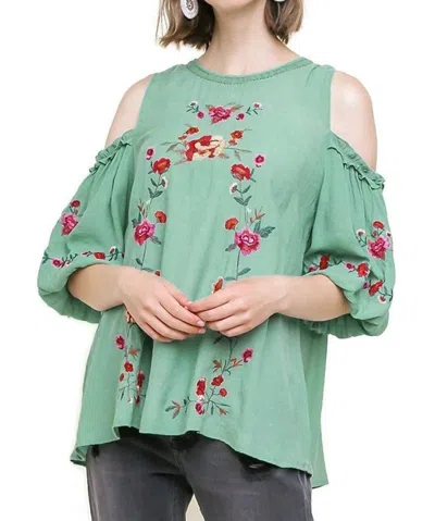 Umgee Floral Embroidered Peasant Top In Sage In Multi