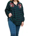 Umgee Floral Embroidered Plaid Tunic - Plus In Green In Green