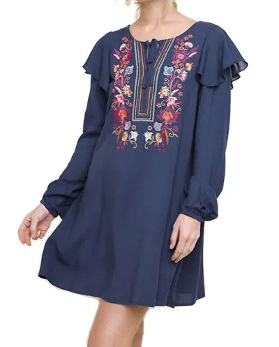 Umgee Floral Embroidered Puff Sleeve Dress In Navy In Blue