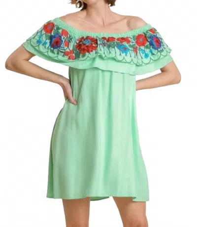 Umgee Floral Embroidered Ruffled Dress In Mint In Green