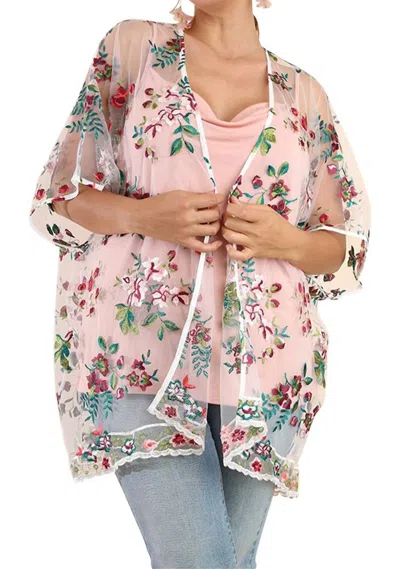 Umgee Floral Embroidered Sheer Mesh Kimono In Off White In Pink