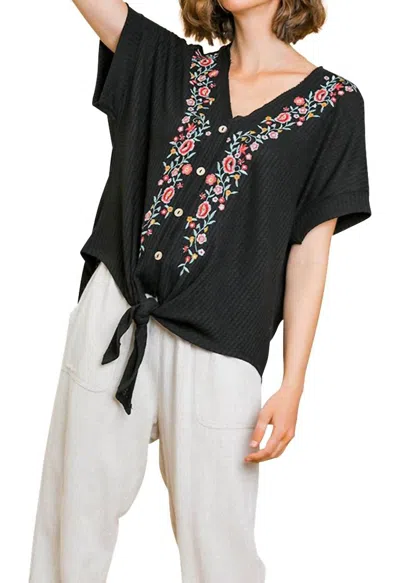 Umgee Floral Embroidered Waffle Knit Top In Black