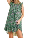 Umgee Floral Flutter Sleeve Dress In Mint Mix