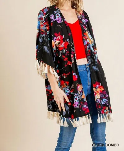 Umgee Floral Frayed Tassel Kimono In Black
