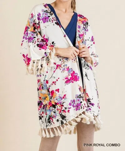 Umgee Floral Frayed Tassel Kimono - Plus In Pink In Orange