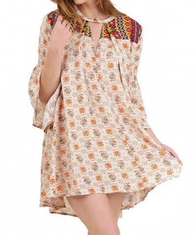 Umgee Floral Keyhole Bell Sleeve Dress In Taupe In Multi