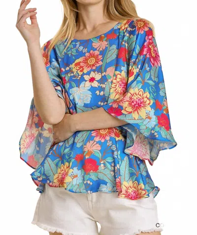 Umgee Floral Kimono Sleeve Top In Cobalt Mix In Multi