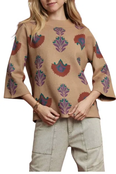 Umgee Floral Knit Sweater Top In Latte In Multi