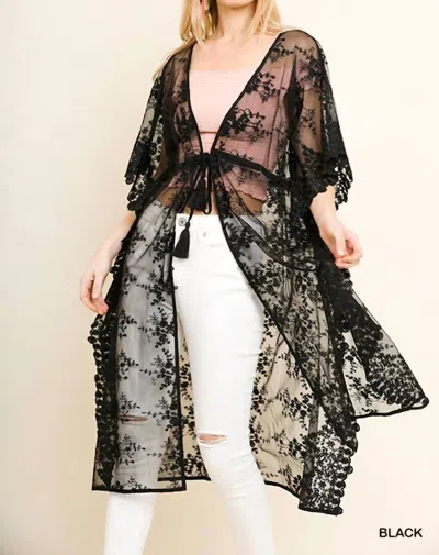Umgee Floral Lace Long Kimono In Black In Animal Print