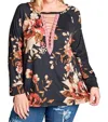 Umgee Floral Lace Up Top - Plus In Black In Black