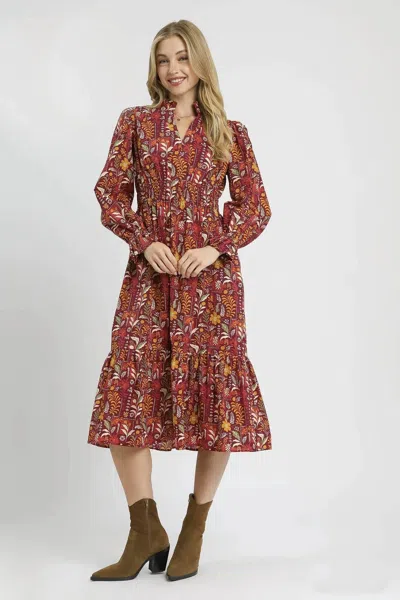 Umgee Floral Midi Dress With Smocked Waist In Burgundy In Multi