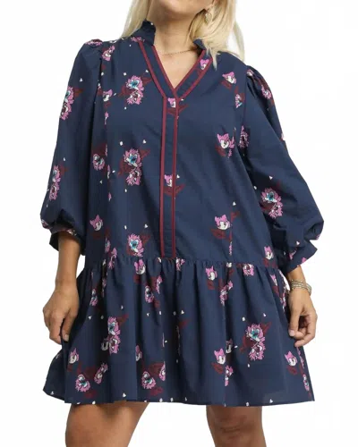 Umgee Floral Mini Dress With Puff Sleeves In Navy In Blue