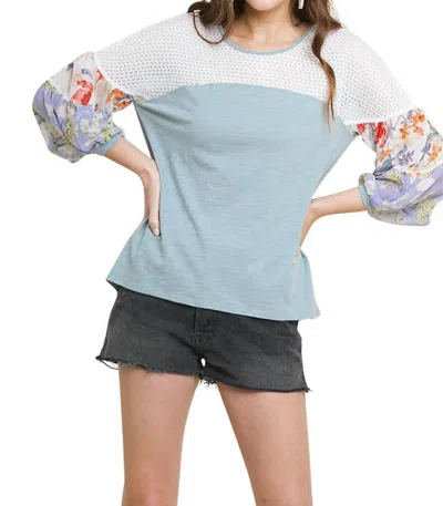 Umgee Floral Mixed Print Puff Sleeve Knit Top In Dusty Mint In Blue