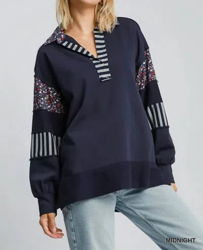 Umgee Floral Multi Rugby Oversized Top In Midnight Navy In Blue