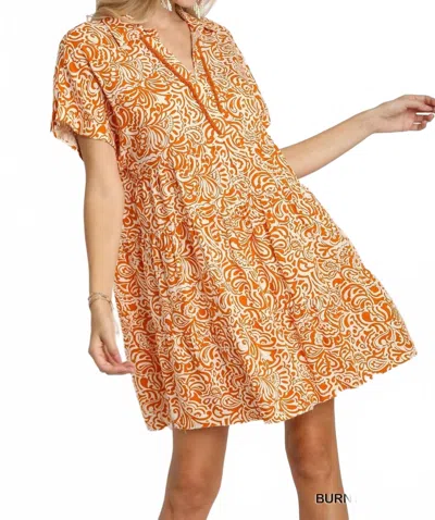 Umgee Floral Paisley Mixed Print Tiered Dress In Orange