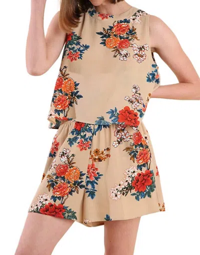 Umgee Floral Pocket Romper In Stone In Multi
