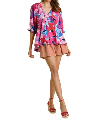 Umgee Floral Print 3/4 Sleeve Top In Multicolor